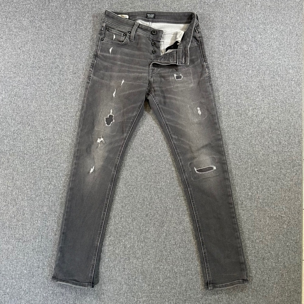Jack & Jones Jeans Mens 28 Glenn Slim Fit Grey Distressed Ripped JJIGLENN